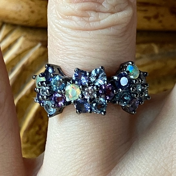 Natural Multi Gemstone Sterling Silver Black Rhodium Ring - Picture 1 of 11